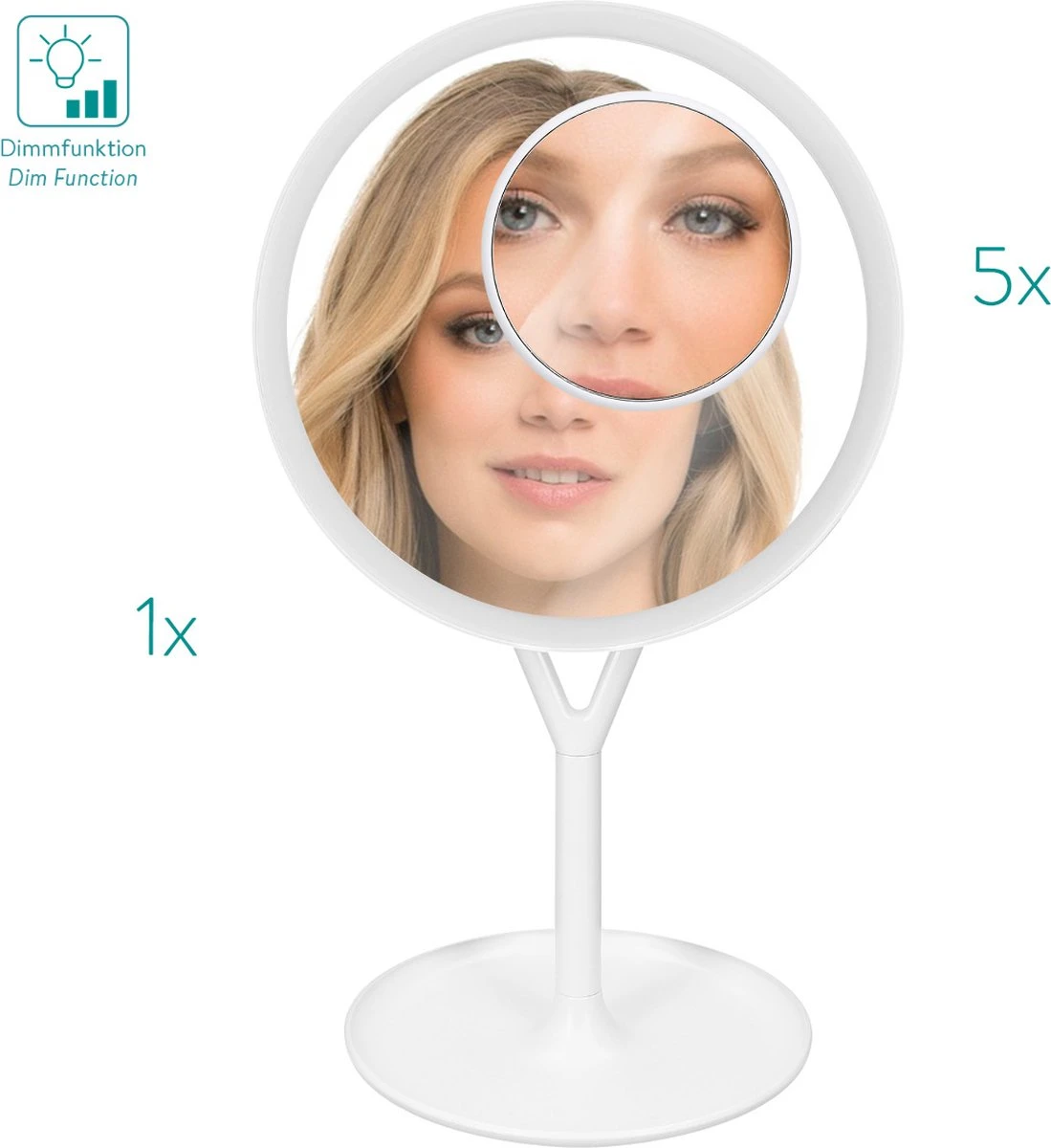 Navaris Make-up Spiegel Met Verlichting - Inclusief Kleinere Handspiegel Met 5x Vergroting - LED-verlichting Met Dim-functie - Wit 8 Navaris Make-up Spiegel Met Verlichting - Inclusief Kleinere Handspiegel Met 5x Vergroting - LED-verlichting Met Dim-functie - Wit - Afbeelding 6
