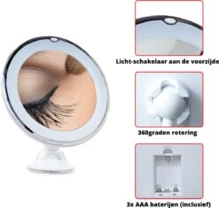 Vergroot Make Up En Scheer Spiegel Met LED Verlichting - 10x Vegroting En Natuurlijk Licht Voor Cosmetica/Scheren/Epileren - 360° Graden Verstelbare Zuignap En Wandbevestiging - Badkamer/Douche/Slaapkamer - Rond – Wit -Cosmetica Serie Winkel 1200x1142 8