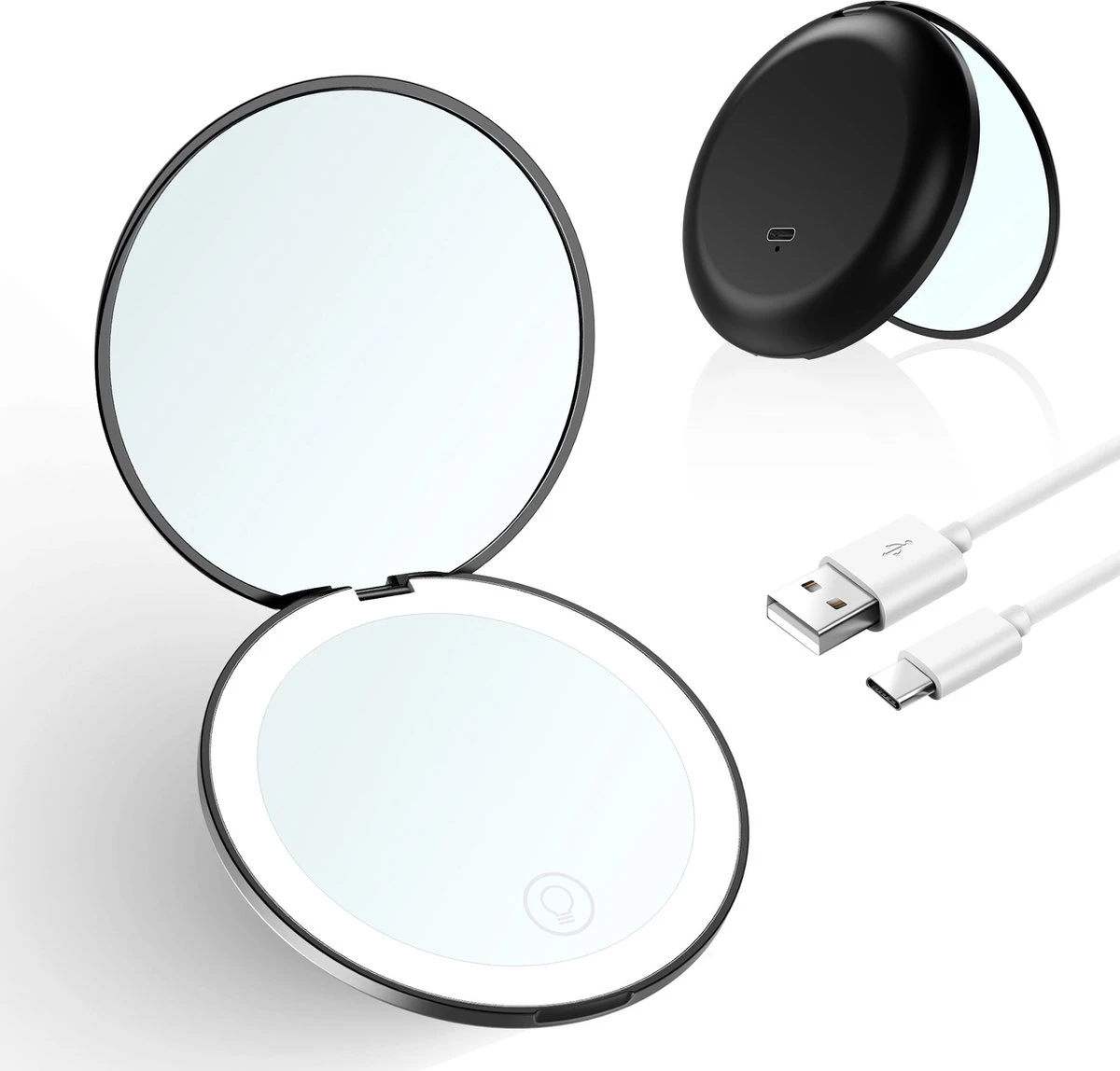 Led-verlichte Oplaadbare Compacte Make-up Spiegel Rond |1 X 2 X Vergroting | Make-upspiegel | Zakspiegel | Handspiegel | Reisspiegel | Dimbaar|als Cadeau | USB-lader | Rond | Zwart 3 Led-verlichte Oplaadbare Compacte Make-up Spiegel Rond |1 X 2 X Vergroting | Make-upspiegel | Zakspiegel | Handspiegel | Reisspiegel | Dimbaar|als Cadeau | USB-lader | Rond | Zwart