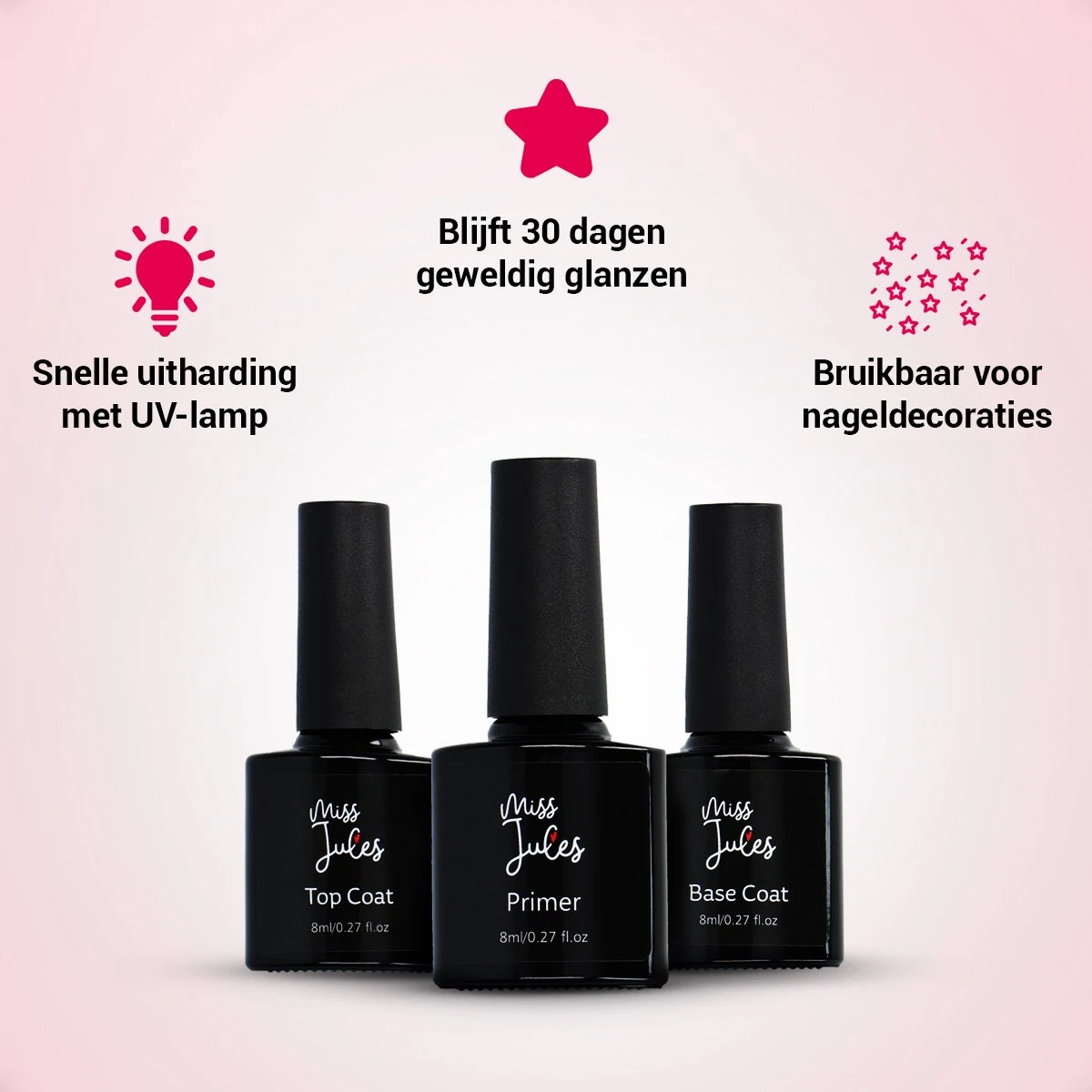 Miss Jules® Base & Top Coat & Primer 24 Ml - Gellak - Goede Aanhechting - Blijvend Glanzende Nagels 5 Miss Jules® Base & Top Coat & Primer 24 Ml - Gellak - Goede Aanhechting - Blijvend Glanzende Nagels - Afbeelding 3