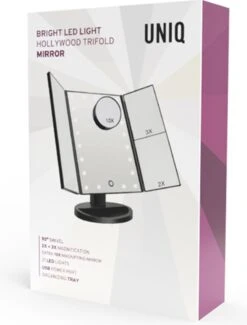 UNIQ Trifold Make Up Spiegel Met LED Verlichting En 2 Vergrootspiegels - Staande Spiegel - 21 LED-lampjes - Op Batterijen En USB (kabel Incl) - Zwart -Cosmetica Serie Winkel 912x1200 3